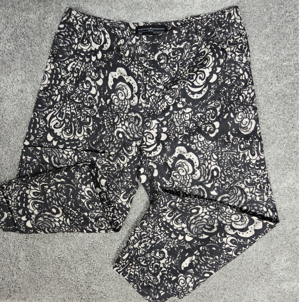 Peruvian Connection Womens Black Cream Floral Paisley 100% Linen Pants Size 2
